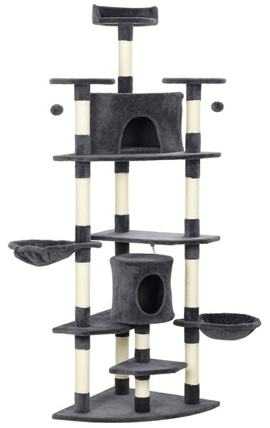 Albero Tiragraffi per Gatti 60x60x200 cm con Casette e Amache in Peluche e Sisal Grigio Scuro