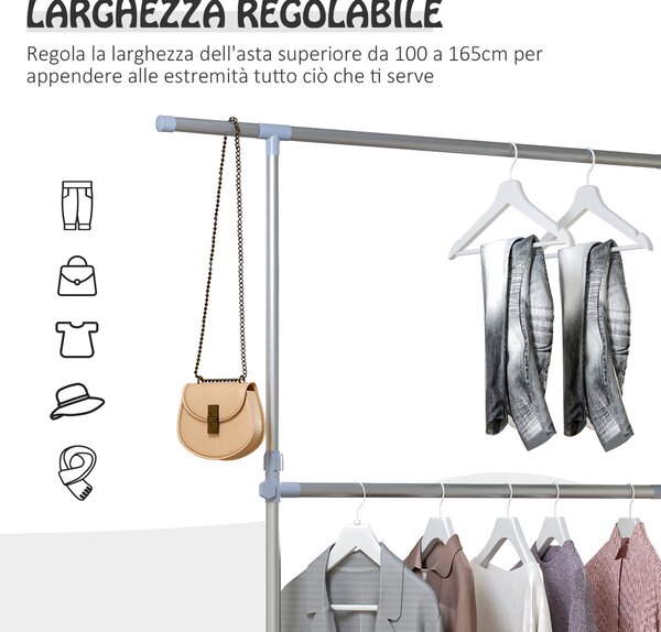 HOMCOM Stender Appendiabiti con Altezza ed Estensione Regolabili, 4 Ruote Girevoli, Acciaio Inox e ABS, 165x48x180cm|Aosom