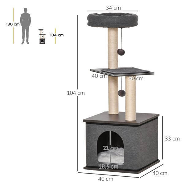 PawHut Albero Tiragraffi per Gatti Adulti e Gattini da 104cm, Casetta per Gatti, Lettino e Pali in Sisal, Cuscini Lavabili, Grigio|Aosom