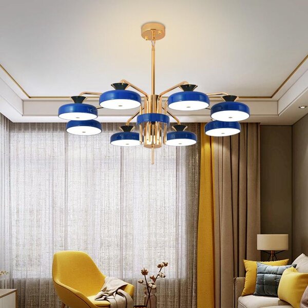 Plafoniera LED XW816-8L con telecomando Colore della luce/luminosità regolabile Paralume in acrilico Montatura in metallo laccato blu/oro