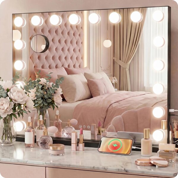 Specchio trucco Hollywood nero 58x48cm da tavolo con 15 luci LED, luce regolabile, altoparlante Bluetooth e ingrandimento 10X