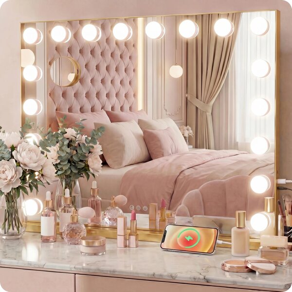 Specchio da trucco Hollywood dorato con 15 LED e 3 temperature di colore, 58x48cm, ingrandimento 10X, Bluetooth, da tavolo