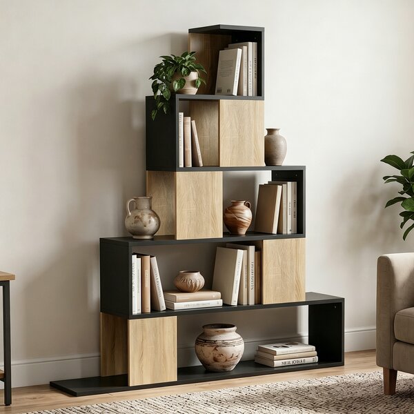 HOMCOM Scaffale Contenitore, Libreria Geometrica a 5 Livelli, per Ufficio, Soggiorno, Camera, Nero e Legno Naturale | Aosom Italy