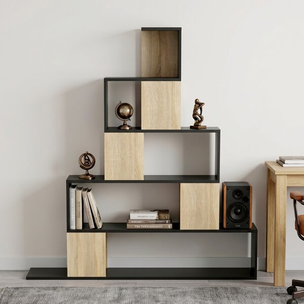 HOMCOM Scaffale Contenitore, Libreria Geometrica a 5 Livelli, per Ufficio, Soggiorno, Camera, Nero e Legno Naturale | Aosom Italy