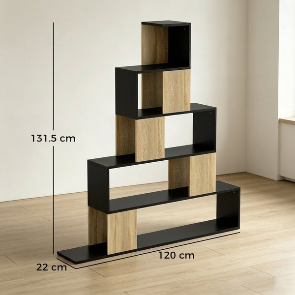 HOMCOM Scaffale Contenitore, Libreria Geometrica a 5 Livelli, per Ufficio, Soggiorno, Camera, Nero e Legno Naturale | Aosom Italy