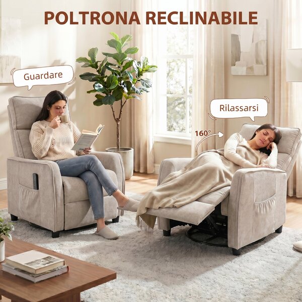 HOMCOM Poltrona Massaggiante Reclinabile Manuale in Tessuto, Effetto Lino, con Telecomando, Crema | Aosom Italy