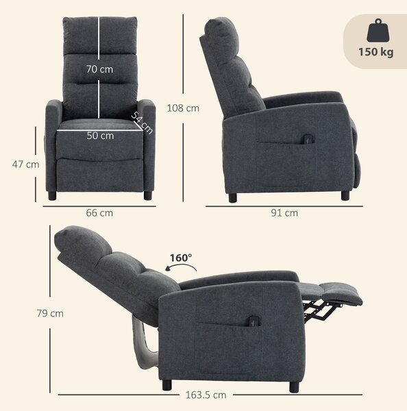 HOMCOM Poltrona Massaggiante Reclinabile Manuale 160° in Ciniglia con Poggiapiedi, Telecomando e Tasche, Grigio Scuro | Aosom Italy