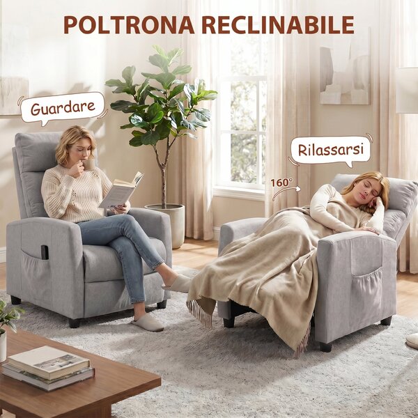 HOMCOM Poltrona Massaggiante Reclinabile Manuale 160° in Ciniglia con Poggiapiedi, Telecomando e Tasche, Grigio Chiaro | Aosom Italy