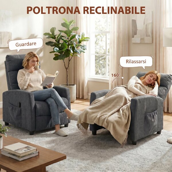 HOMCOM Poltrona Massaggiante Reclinabile Manuale 160° in Ciniglia con Poggiapiedi, Telecomando e Tasche, Grigio Scuro | Aosom Italy