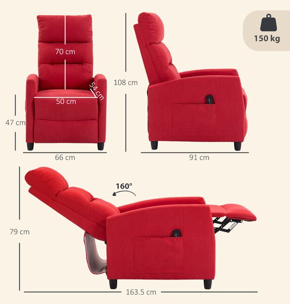 HOMCOM Poltrona Massaggiante con Poggiapiedi e Tasche, Reclinabile Manuale 160° in Ciniglia Telecomando, Rosso Vino | Aosom Italy