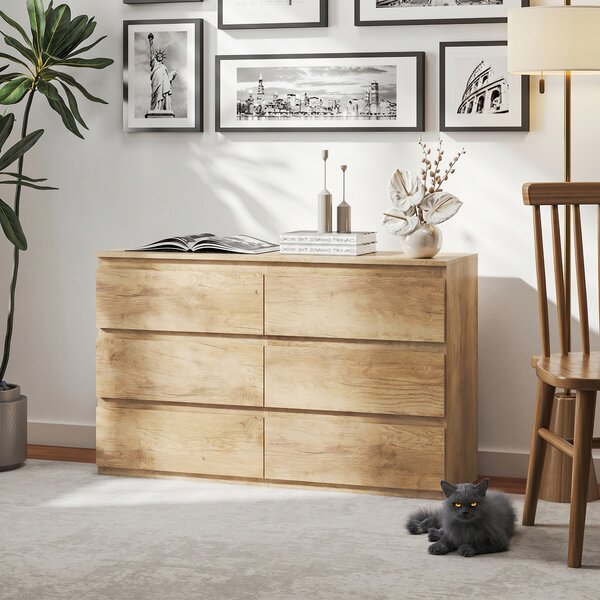 HOMCOM Cassettiera con 6 Cassetti, Mobile Contenitore Minimalista senza Maniglie, 120x39x75 cm, Rovere | Aosom Italy