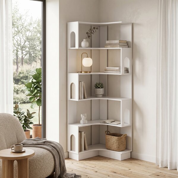 HOMCOM Scaffale Portaoggetti a 6 livelli, Libreria ad Angolo con Pannelli Laterali ad Arco, 60x60x165,5 cm, Bianco | Aosom Italy