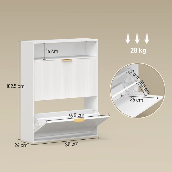 HOMCOM Scarpiera Stretta con 2 Scomparti Ribaltabili e Piano d'appoggio per Corridoio e Ingresso, 80x24x102,5 cm, Bianco | Aosom Italy