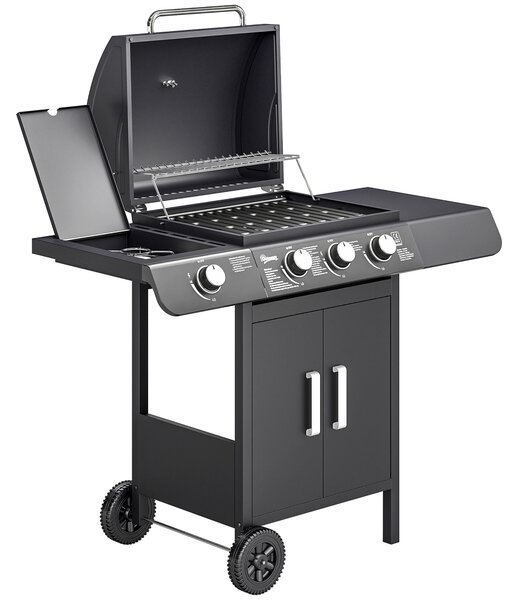 Outsunny Barbecue a Gas con Coperchio, 4 Bruciatori da 11.6kW, Fornello, Mensola e 2 Ruote, 110x50x100cm Nero