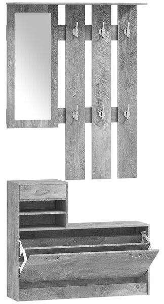 Homcom Mobile da Ingresso Appendiabiti con Scarpiera e Specchio, Mensole e Cassetto, 90x22x116cm Grigio Cemento|Aosom