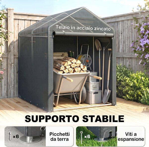 Outsunny Capanno Attrezzi anti UV con Ingresso a Zip, in Acciaio Zincato e Tessuto PE,120x179x165 cm, Grigio Scuro