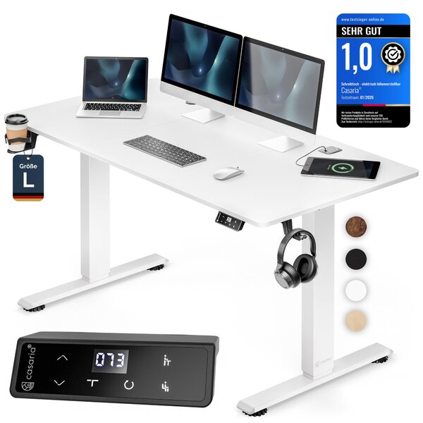 CASARIA® Scrivania regolabile in altezza elettricamente 140 x 70 cm con caricatore wireless e connessione USB-C/A Display LCD Funzione memoria Portata 80 kg Ergonomica Bianca
