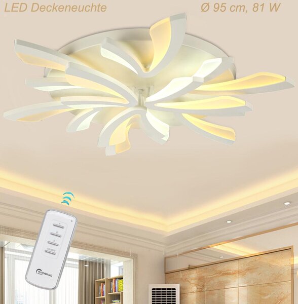 Lampada a soffitto LED modello XW062WJ-9 con telecomando. Possibilità di regolare il colore e l'intensità della luce. Paralume in acrilico, struttura in metallo verniciata di bianco. Design moderno. Classe di efficienza energetica: A+