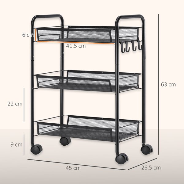 HOMCOM Carrello da Cucina in Acciaio con 3 Cesti Rimuovibili, 4 Ganci, 2 Maniglie, 4 Ruote, 41.5x26.5x63cm, Nero | Aosom