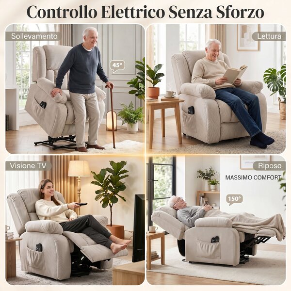 HOMCOM Poltrona Alzapersona Moderno con 2 Tasche e Telecomando, Sedia Massaggiante e Reclinabile, 93x104x105 cm, Beige | Aosom Italy