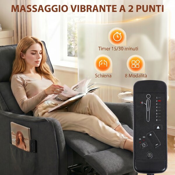 HOMCOM Poltrona Massaggiante Reclinabile Manuale in Tessuto Effetto Lino con Telecomando, Grigio Scuro | Aosom Italy