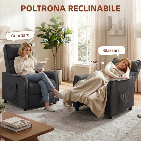 HOMCOM Poltrona Massaggiante Reclinabile Manuale in Tessuto Effetto Lino con Telecomando, Grigio Scuro | Aosom Italy