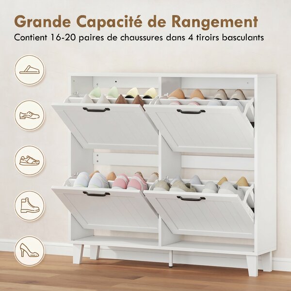 HOMCOM Mobile Scarpe, 4 Cassetti Ribaltabili, Salvaspazio con Ripiani Regolabili, Bianco | Aosom Italy