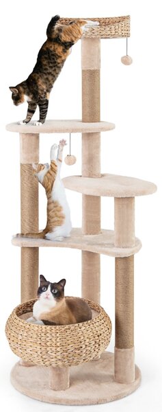 Costway Albero per gatti con posti per graffiare cesta per gatti palline pendenti cuscini lavabili, Torre da 164cm a 6 strati Beige