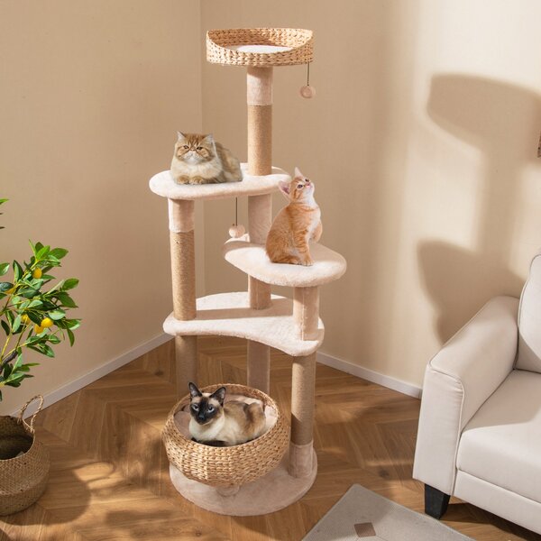Costway Albero per gatti con posti per graffiare cesta per gatti palline pendenti cuscini lavabili, Torre da 164cm a 6 strati Beige