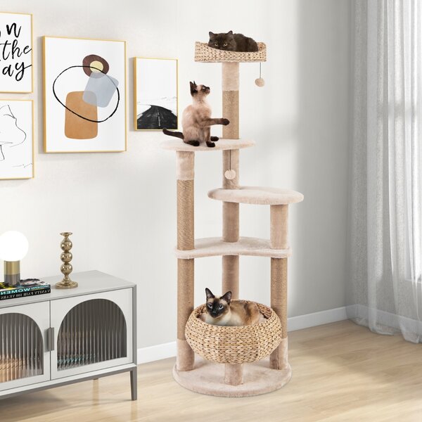 Costway Albero per gatti con posti per graffiare cesta per gatti palline pendenti cuscini lavabili, Torre da 164cm a 6 strati Beige