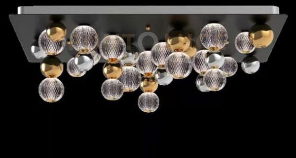Brillante plafoniera con piastra di rivestimento nera, sfere oro lu
