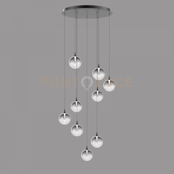 Lampada a sospensione bolla, metallo nero opaco + 9 vetri fumè led 