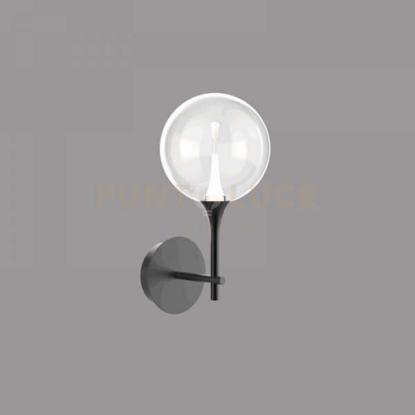 Applique a parete bolla, metallo nero opaco + paralume in vetro tra