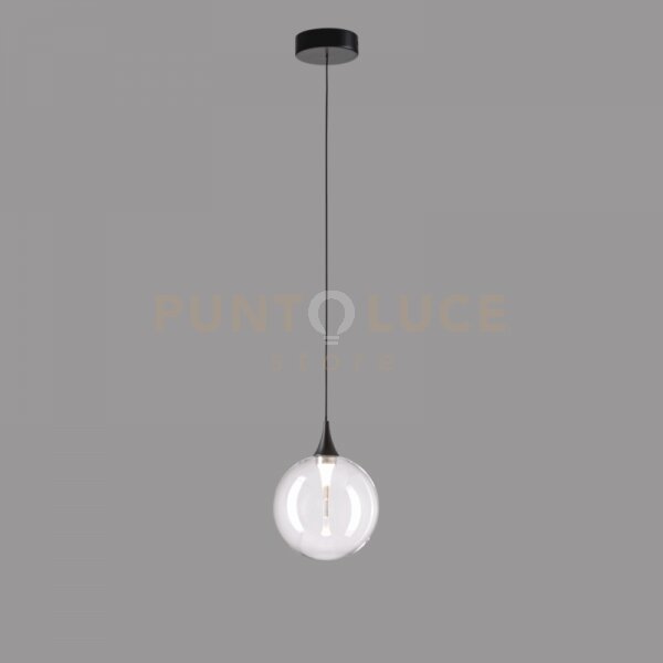 Lampada a sospensione bolla, metallo nero opaco + paralume in vetro