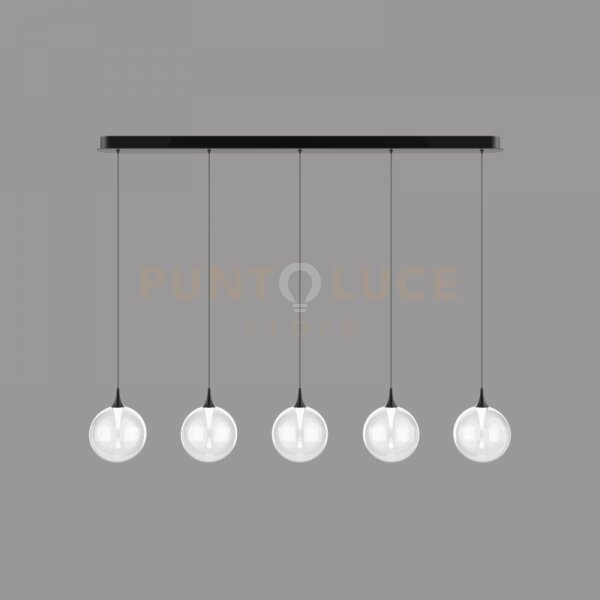 Lampada a sospensione bolla, metallo nero opaco + 5 luci in vetro t