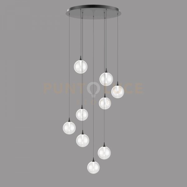 Lampada a sospensione bolla, metallo nero opaco + 9 vetri trasparen
