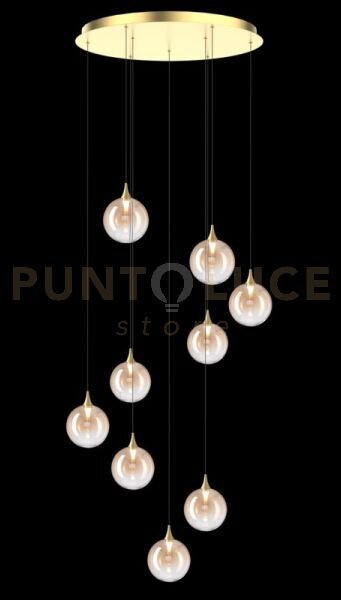 Lampada a sospensione bolla, metallo oro + 9 vetri ambra, led 36w 2