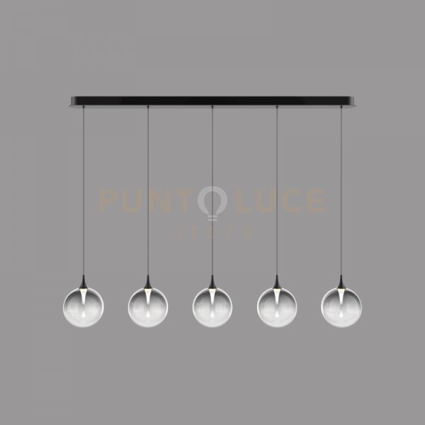 Lampada a sospensione bolla, metallo nero opaco + 5 luci in vetro f