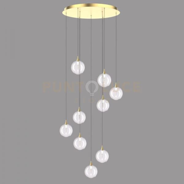 Lampada a sospensione bolla, metallo oro + 9 vetri trasparenti led 