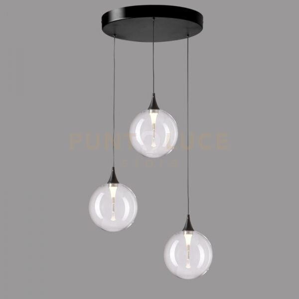 Lampada a sospensione bolla, metallo nero opaco + paralume in vetro