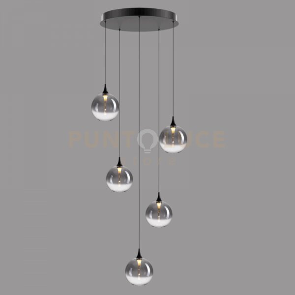 Lampada a sospensione bolla, metallo nero opaco + 5 vetri fumé, led