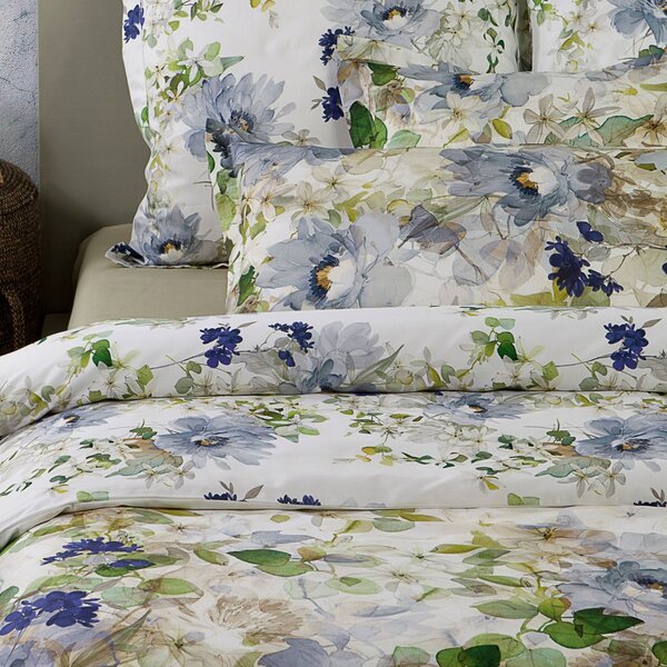 Copripiumino Con Federe In Percalle Scented-blossom Matrimoniale - 255X255 + 2 Federe50X80 Emporium Floreale Blu Caleffi