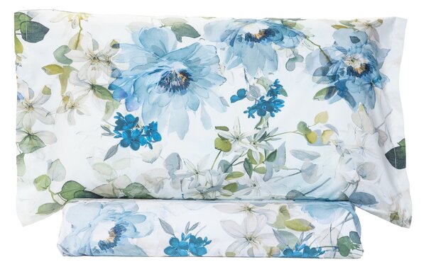 Copripiumino Con Federe In Percalle Scented-blossom Matrimoniale - 255X255 + 2 Federe50X80 Emporium Floreale Blu Caleffi