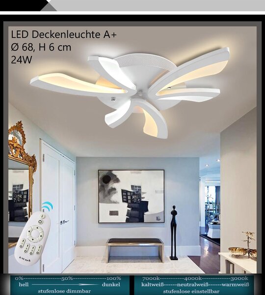 Lampada da soffitto a LED modello XW062WJ-3, con telecomando. Permette di regolare il colore e l'intensità della luce. Montatura in metallo verniciata di bianco e diffusore in acrilico. Design moderno. Classe di efficienza energetica: A+