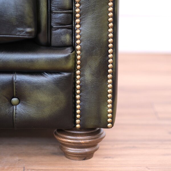 Divano Chesterfield pelle fiore verde stile old America rifinita a mano