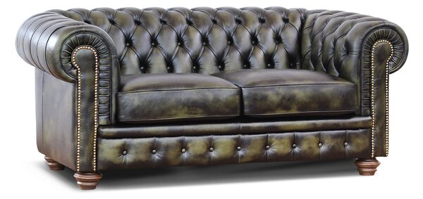 Divano Chesterfield pelle fiore verde stile old America rifinita a mano