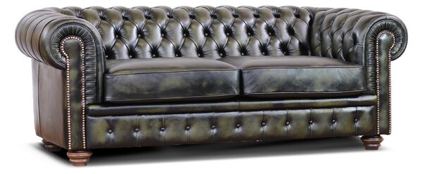 Divano Chesterfield pelle fiore verde stile old America rifinita a mano