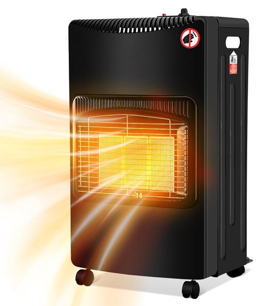 Ikodm - Stufa a infrarossi nera, 4200 W, riscaldatore a gas, 3 livelli di riscaldamento, protezione anticaduta, regolatore di pressione e tubo flessibile, portatile e pieghevole per un facile stoccaggio