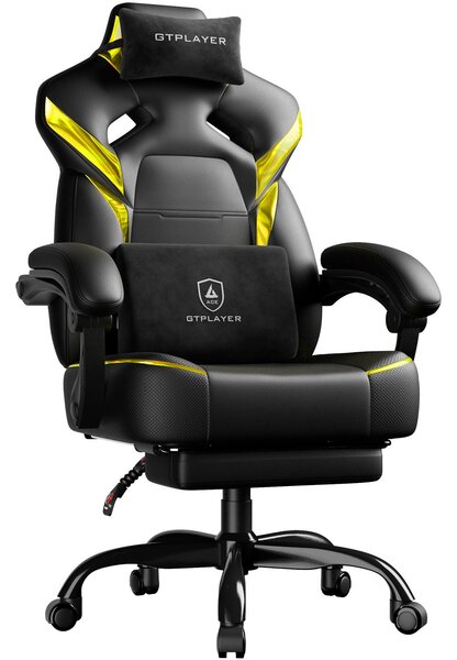 GTPLAYER Sedia da gaming, poltrona da gaming, sedia da gaming con poggiapiedi, cuscino lombare, poggiatesta, regolabile in altezza, braccioli regolabili, con poggiapiedi, giallo