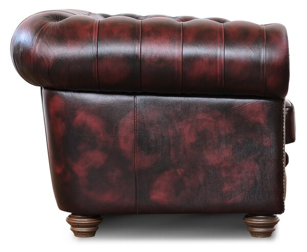 Divano Chesterfield pelle fiore bordeaux stile old America rifinita a mano